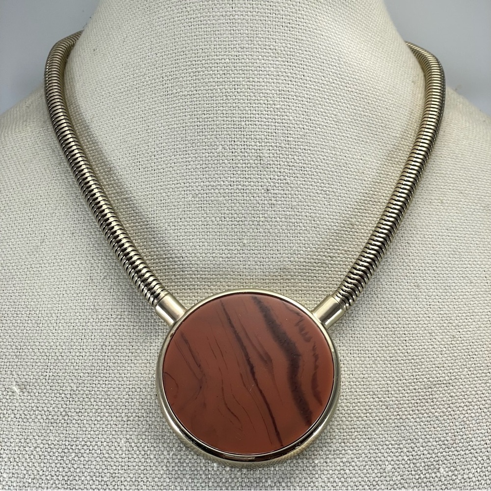 H by Halston Gold Tone Snake Chain Wood Tone Enamel Pendant Necklace Statement
